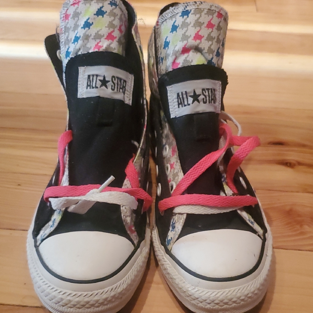 Neon Houndstooth Converse High Tops with double laces